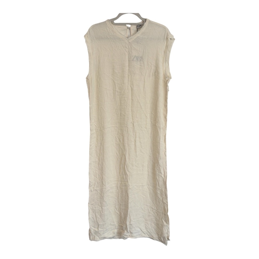 Zara Womens Cream Textured Sleeveless Midi Dress V-Neck Side Slit 4437/081 NEW M